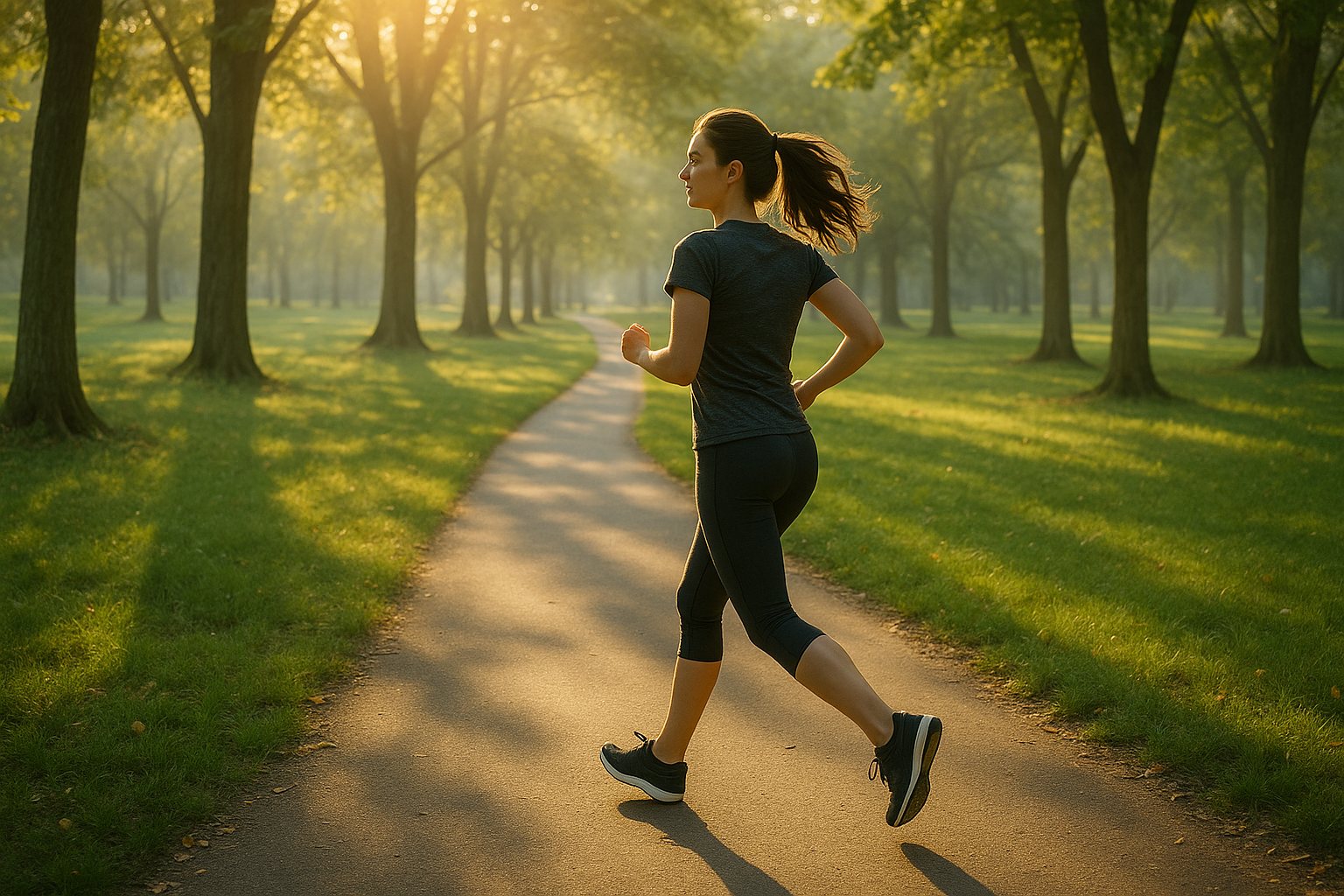 a woman running in a park in the morning